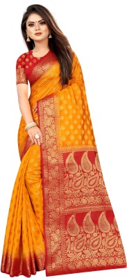 FINE WEAR Woven Kanjivaram Cotton Silk Saree(Orange)