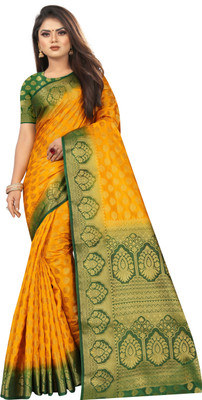 PICKWELL Self Design Banarasi Cotton Silk Saree(Orange)