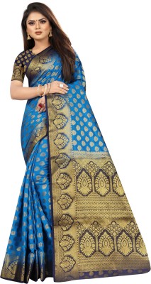 PICKWELL Self Design Banarasi Cotton Silk Saree(Blue)