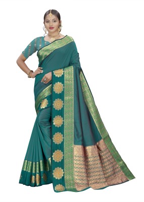 COSBILA FASHION Woven Banarasi Pure Silk Saree(Green)