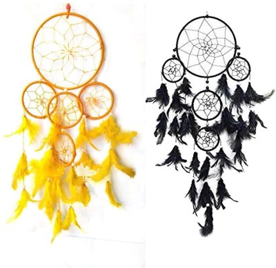 Vyne Combo Of 5 Ring Yellow , 5 Ring Black Dream Catcher Wall Hanging For Home / Office Decorative Showpiece  -  7 cm(Feather, Yellow, Black)