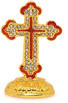GCT Christian Jesus Christ Holy Cross Idol | Red Cross Idol (B-22) Metal Statue for Car Dashboard | Home Decor | Office Showpiece (L*B*H-3.8 x 0.3 x 5 Cm) Decorative Showpiece  -  7 cm(Metal, Red, Gold)