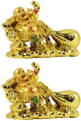 Ryme Combo Of 2 Laughing Buddha with Money Potli for Wealth and Buisness Decorative Showpiece  -  5 cm(Brass, Gold)