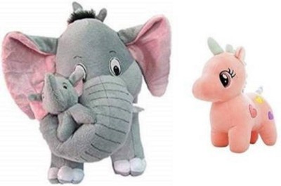 Saubhagye Grey Mother Elephant With Two Baby + cute pink unicorn Stuffed Soft Plush Toy Love Girl  - 35 cm(Multicolor)