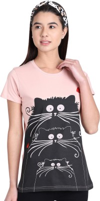 OBOW Printed Women Round Neck Reversible Pink T-Shirt