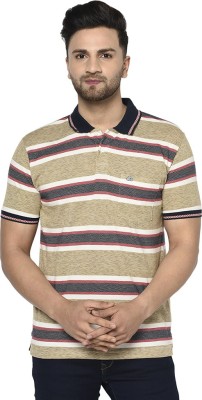 DUKE Striped Men Polo Neck Beige T-Shirt