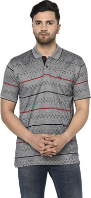 DUKE Striped Men Polo Neck Grey T-Shirt