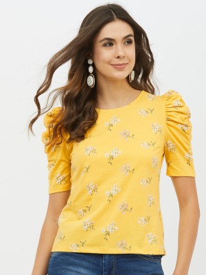 Harpa Basics Printed Women Round Neck Yellow T-Shirt