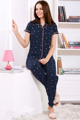 ZEYO Women Printed Blue, Pink Shirt & Pyjama set