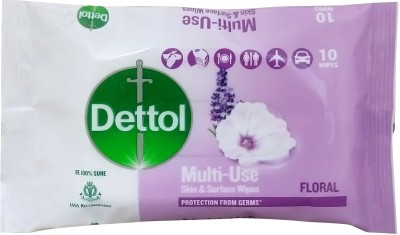 Dettol Floral, Sanitize Skin & Surfaces, Safe on Skin, Resealable Lock-lid(10 Wipes)