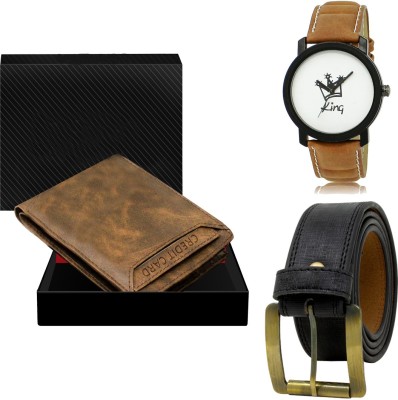 SWIFFIN Belt, Wallet & Watch Combo(Brown, Black, Brown)