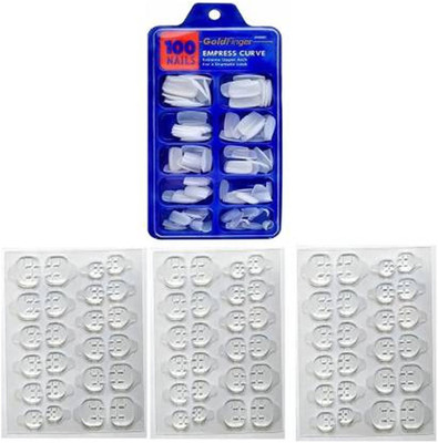 Zinzo Professional Quality Artificial Clear white Dynamic shinning professional Finger Empress Curve 100 Tips Fake Nails with 3 Sheet Double Sided Nails Glue Sticker Clear white natural white(Pack of 100)