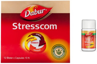 Dabur Stresscom Ashwagandha 120 Caps (10 caps X 12 strips) WITH Giloy Ki Ghanvati (samshamani vati)(Pack of 2)