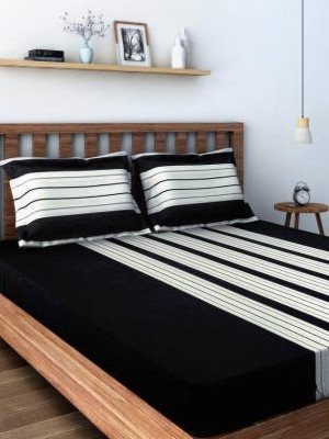 SWAYAM 180 TC Cotton Double Striped Fitted (Elastic) Bedsheet(Pack of 1, Black)