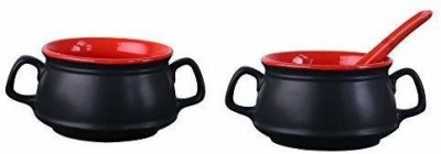 caffeine Ceramic Soup Bowl Ceramic Double Handled Soup Bowl with Spoon(Pack of 3, Black, Orange)