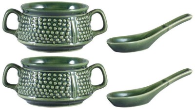 caffeine Ceramic Soup Bowl Handmade Green Bubble Double Handled(Pack of 4, Green)