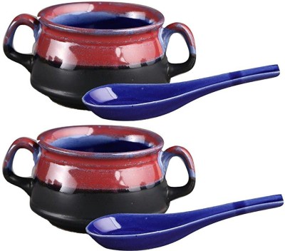 caffeine Ceramic Soup Bowl Ceramic Handmade Glossy Double Handle Katori Soup Bowl with Spoon(Pack of 2, Multicolor)