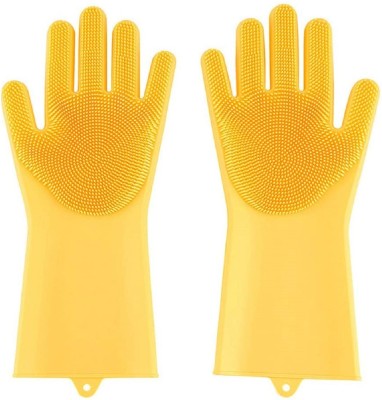 Wovas Magic Cleaning Sponge Gloves, Dishwashing Gloves, Silicone Reusable Cleaning Brush Heat Resistant Scrubber Gloves for Housework, Kitchen Clean, Bathroom, Bathing, Car Washing. Yellow Pack Of 1. Wet and Dry Glove(Free Size)