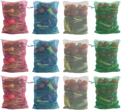 WHITEIBIS Reusable Fridge Mesh Fabric Storage Bag for Vegetables and Fruits with Zipper Polypropylene Storage Pouch(Pack of 12)