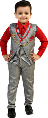 Fashion 4 Ever Boys Casual, Festive & Party Shirt, Waistcoat and Pant Set(Red Pack of 1)