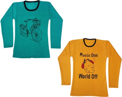 Indistar Girls Graphic Print Wool Blend Regular T Shirt(Multicolor, Pack of 2)