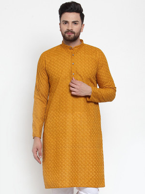 Jompers Men Embroidered Straight Kurta(Yellow)