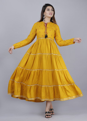 VASANT APPAREL Women Printed Anarkali Kurta(Yellow)