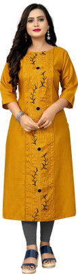 Hetsa Women Embroidered Straight Kurta(Yellow)