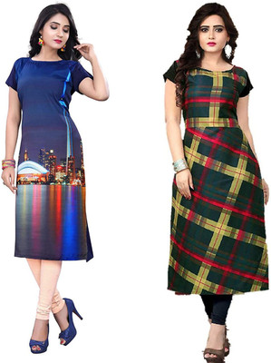 ak fashion mall Women Printed Straight Kurta(Blue, Grey)