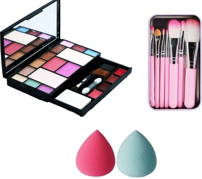 FOZZBY 6171 tya Makeup Kit With 7Pcs Makeup Brush (Pink) and 2Pcs Puff(pack of 4)(10 Items in the set)