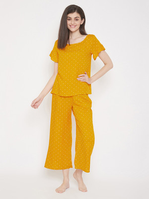 Clovia Women Polka Print Yellow Top & Pyjama Set