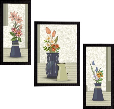 eCraftIndia Set of 3 Botanical and Floral Satin Matt Textured UV Art Ink 14 inch x 30 inch Painting(With Frame, Pack of 3)