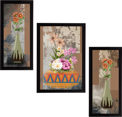 eCraftIndia Set of 3 Botanical and Floral Satin Matt Textured UV Art Ink 14 inch x 30 inch Painting(With Frame, Pack of 3)