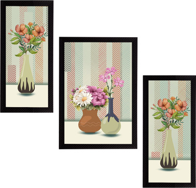 eCraftIndia Set of 3 Botanical and Floral Satin Matt Textured UV Art Ink 14 inch x 30 inch Painting(With Frame, Pack of 3)