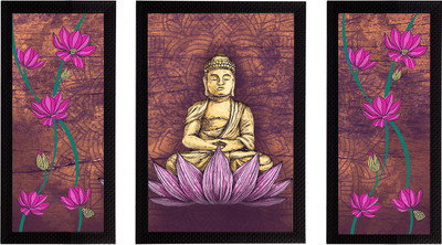 eCraftIndia Set of 3 Meditating Lord Buddha Satin Matt Textured UV Art Ink 14 inch x 30 inch Painting(With Frame, Pack of 3)