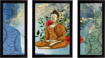 eCraftIndia Set of 3 Meditating Lord Buddha Satin Matt Textured UV Art Ink 14 inch x 30 inch Painting(With Frame, Pack of 3)