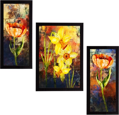 eCraftIndia Set of 3 Botanical and Floral Satin Matt Textured UV Art Ink 14 inch x 30 inch Painting(With Frame, Pack of 3)