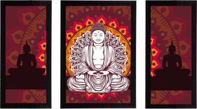 eCraftIndia Set of 3 Meditating Lord Buddha Satin Matt Textured UV Art Ink 14 inch x 30 inch Painting(With Frame, Pack of 3)