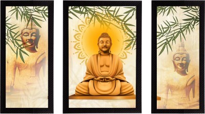 eCraftIndia Set of 3 Meditating Lord Buddha Satin Matt Textured UV Art Ink 14 inch x 10 inch Painting(With Frame, Pack of 3)