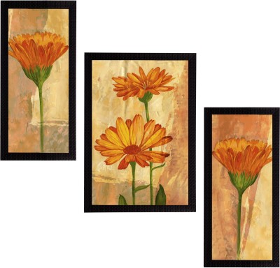 eCraftIndia Set of 3 Botanical and Floral Satin Matt Textured UV Art Ink 14 inch x 10 inch Painting(With Frame, Pack of 3)