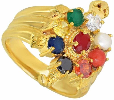 Vimla Natural Certified Navratna Stone Nine Planets Adjustable Ring Metal Garnet, Coral, Cat's Eye, Pearl, Zircon, Sapphire Gold Plated Ring