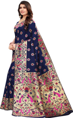 Ratnavati Floral Print Chanderi Silk Blend Saree(Dark Blue)