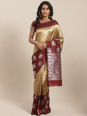 Sugathari Woven Banarasi Silk Blend, Jacquard Saree(Gold, Maroon)