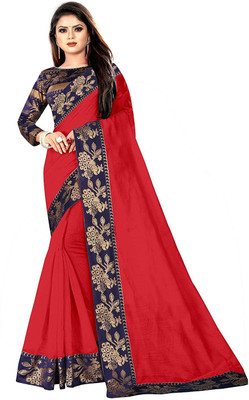 FABMORA Solid/Plain Chanderi Cotton Blend, Cotton Silk Saree(Red)