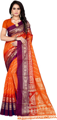 Stylish Sarees Blocked Printed, Embellished Bollywood Cotton Blend Saree(Orange)