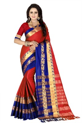 Fancy Fab Embellished Dharmavaram Jacquard, Art Silk Saree(Red, Blue)