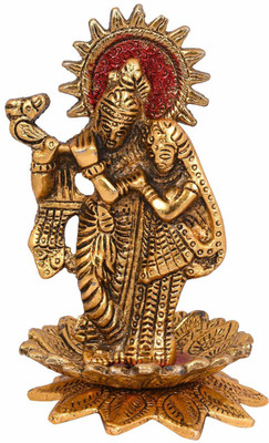 RDK Radha Krishna Playing flute on Lotus Decorative Showpiece  -  18 cm(Metal, Gold, Red)