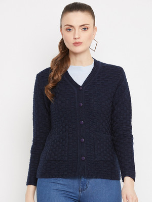 Zigo Self Design V Neck Casual Women Blue Sweater