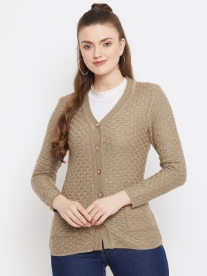 Zigo Self Design V Neck Casual Women Beige Sweater