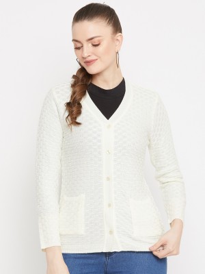 Zigo Self Design V Neck Casual Women White Sweater